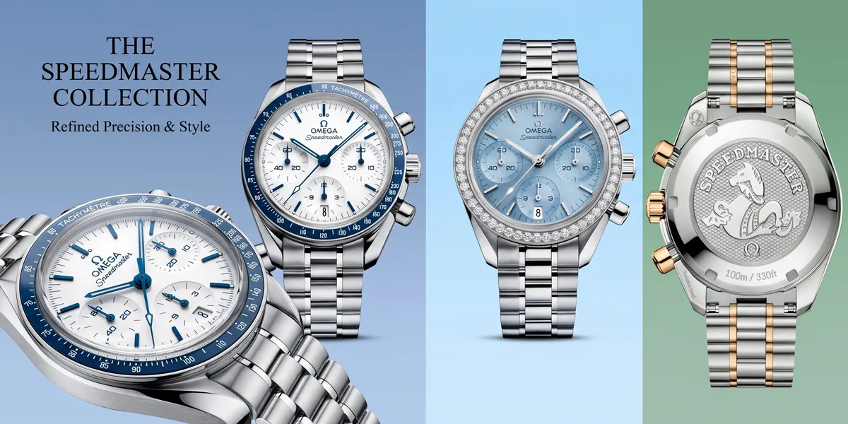 ภาพรวมคอลเลกชัน OMEGA Speedmaster 38mm หน้าปัดขาวขอบน้ำเงิน หน้าปัดไอซ์บลูขอบเพชร และฝาหลังเหรียญม้ามังกรทะเลสลักลายรังผึ้ง