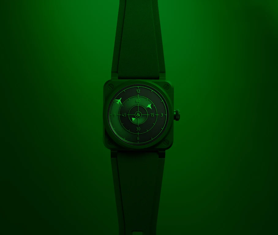 Bell & Ross BR-03 Green Radar Ceramic 999 เรือนแห่งความพิเศษ Bell & Ross Radar ตัวเรือนเซรามิกสีดำ 41 มม.