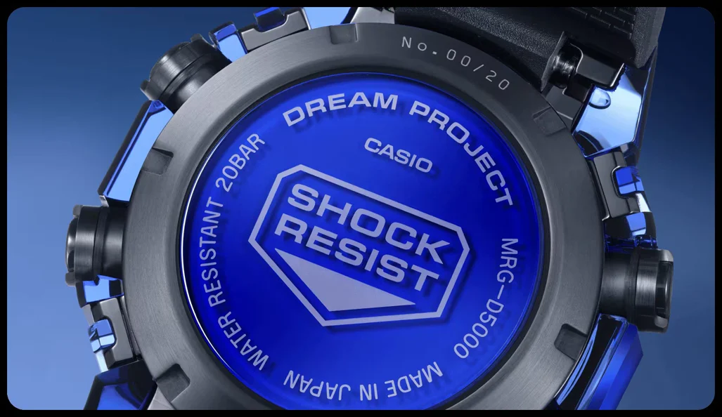 Casio G-SHOCK MRG-D5000 Blue Sapphire Limited Edition ครั้งแรกกับตัวเรือน Sapphire MRG-D5000 ฝาหลังไทเทเนียมฝังแซฟไฟร์ สลักหมายเลข 20 เรือน