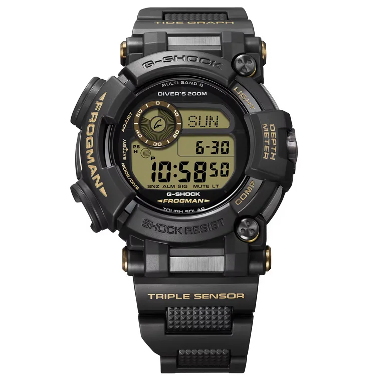 G-SHOCK Frogman GWF-D1000BC-1JF ด้านหน้า ตัวเรือนสีดำเคลือบ DLC แต้มสีแทน