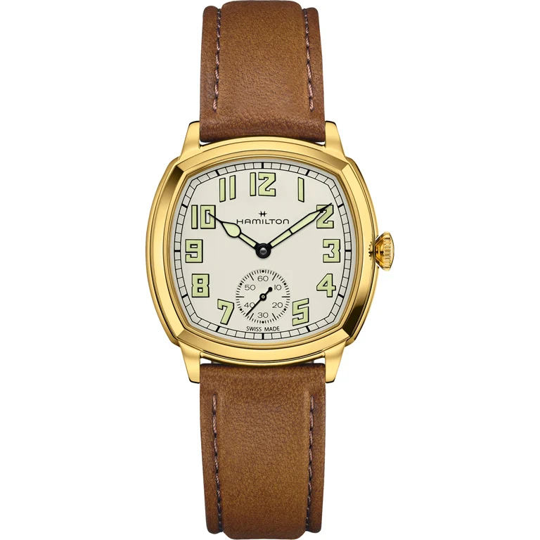 Hamilton American Classic Cushion H36139520 เคลือบ PVD สีทอง หน้าปัดสีเบจ 34 มม.