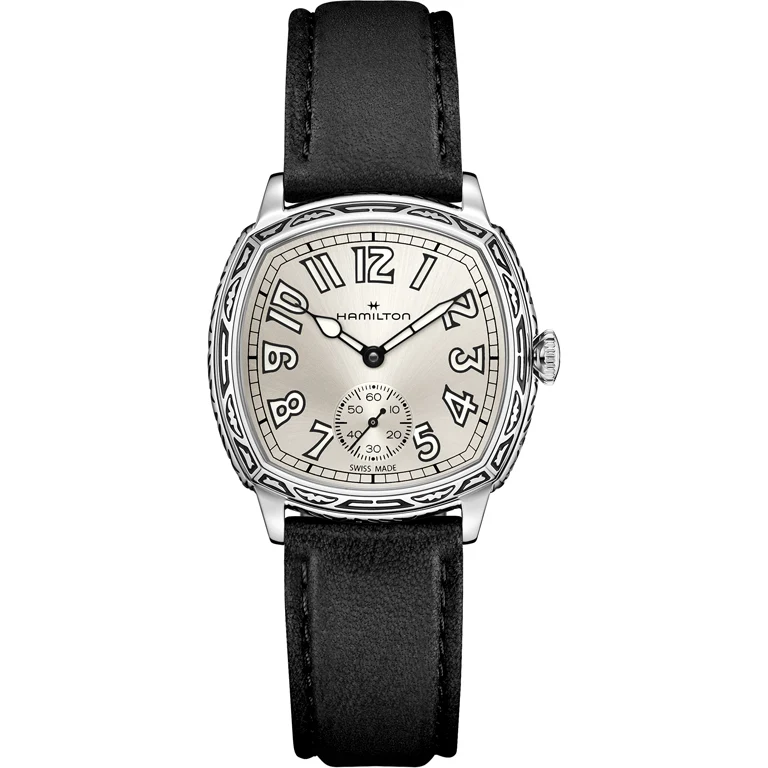 Hamilton American Classic Cushion H36149710 ตัวเรือนแกะสลัก หน้าปัดสีเงินซันเรย์ 34 มม.
