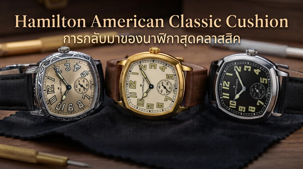 Hamilton American Classic Cushion 34 มม. ทั้ง 3 รุ่น สีดำ สีทอง และตัวเรือนแกะสลัก