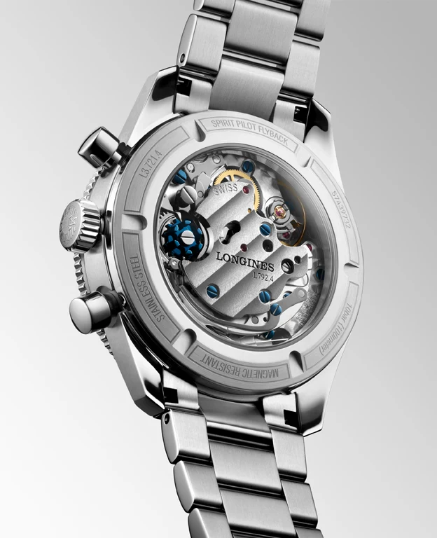 Longines Spirit Pilot Matt Blue เพิ่มความสดด้วยสีสันหน้าปัดใหม่ ฝาหลังใส Longines Spirit Pilot Flyback สายสเตนเลสสตีล