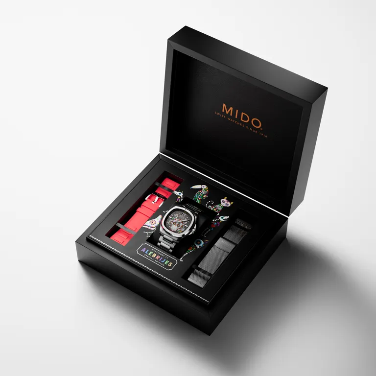 แพ็กเกจ Mido Multifort TV Big Date Alebrijes Special Edition กล่องแพ็กเกจ Mido Multifort TV Big Date Alebrijes พร้อมสายเปลี่ยน 2 เส้น