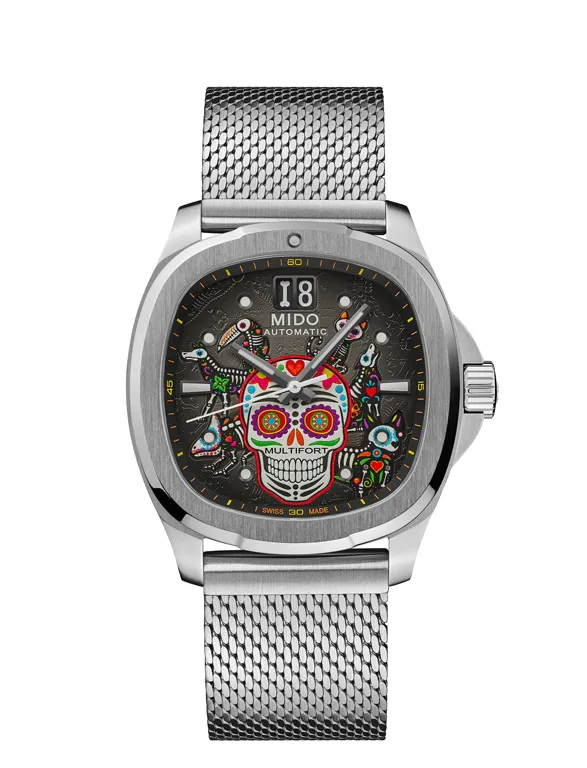 Mido Multifort TV Big Date สาย Milanese Mido Multifort TV Big Date Día de los Muertos กับสาย Milanese สเตนเลสสตีลแบบถัก