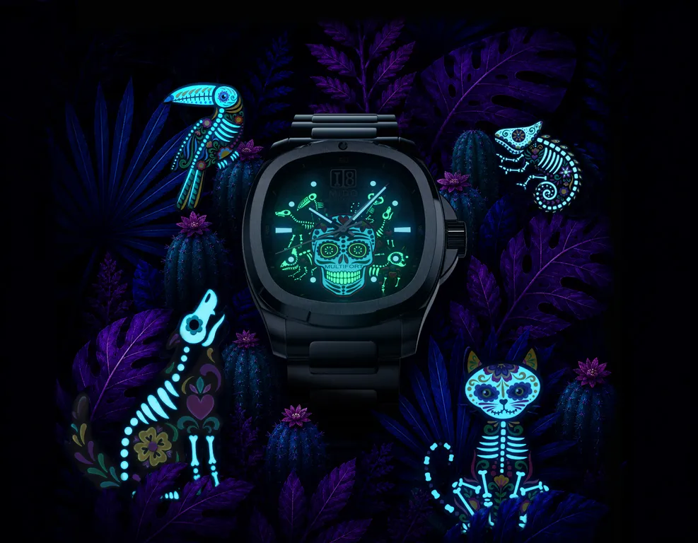 Mido Multifort TV Big Date Alebrijes เรืองแสง Super-LumiNova Mido Multifort TV Big Date Alebrijes เรืองแสง Super-LumiNova ในที่มืด