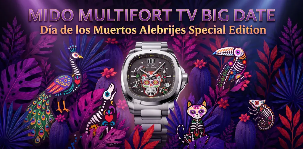 Mido Multifort TV Big Date Alebrijes Special Edition Mido Multifort TV Big Date Día de los Muertos Alebrijes Special Edition บนพื้นหลังลาย Alebrijes