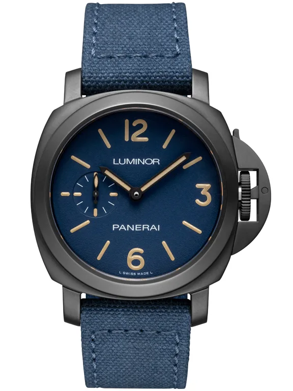 Panerai Luminor PAM01710, PAM01711 และ PAM01714 ขยับไซส์สู่ตัวเรือน 42 มม. Panerai Luminor PAM01714 ตัวเรือน DLC หน้าปัดสีน้ำเงิน 42mm ด้านหน้า